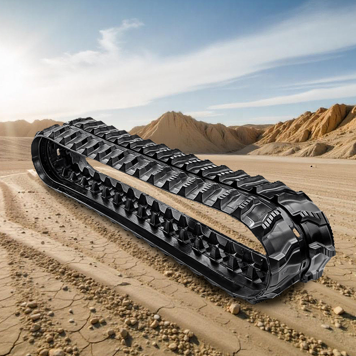 S-lug tread pattern rubber track for a skid steer, compact track loader or mini excavator, designed for enhanced traction and durability.